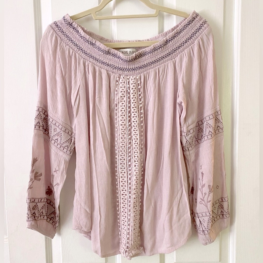 Women’s Boho Off Shoulder Blouse with Embroidered Design in Purple size M
